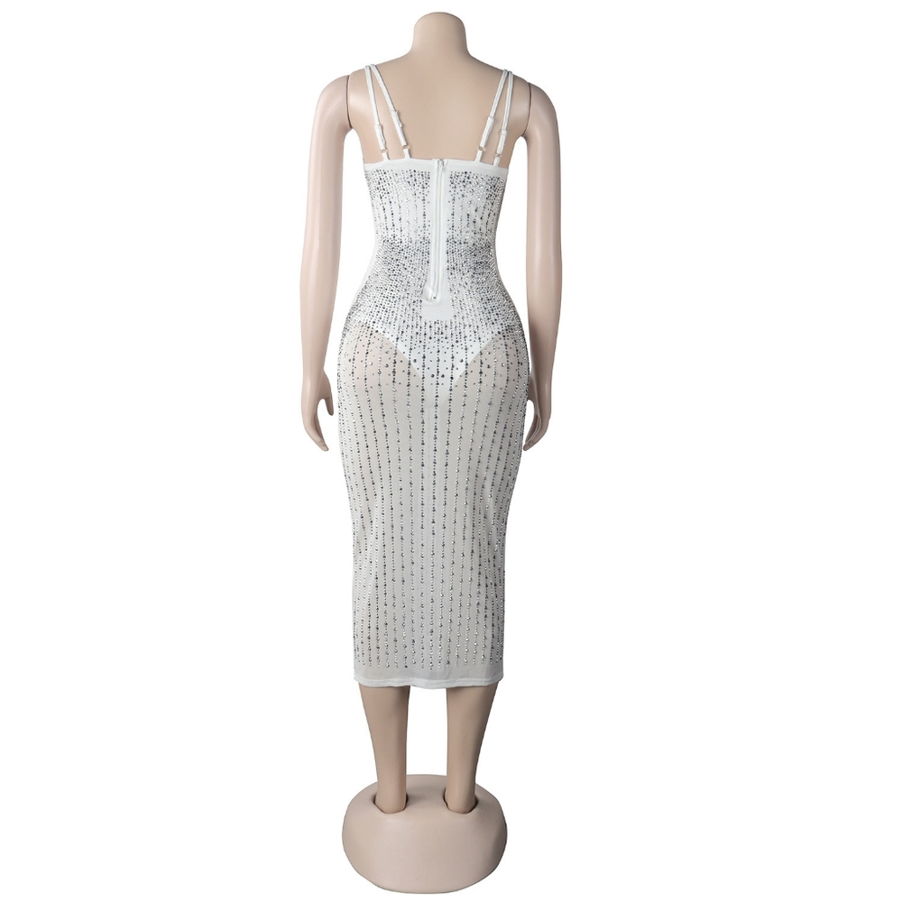 Fashion Mesh Rhinestones details midi Dress new size XXL, 3XL Strech Material. - Picture 6 of 9